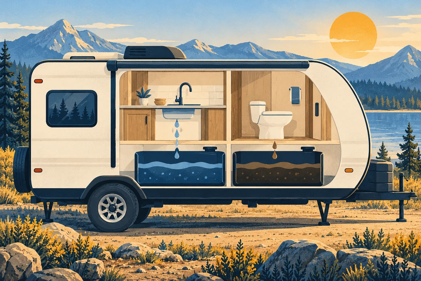 Conceptual RV cutaway showing separate sink/shower and toilet holding tanks