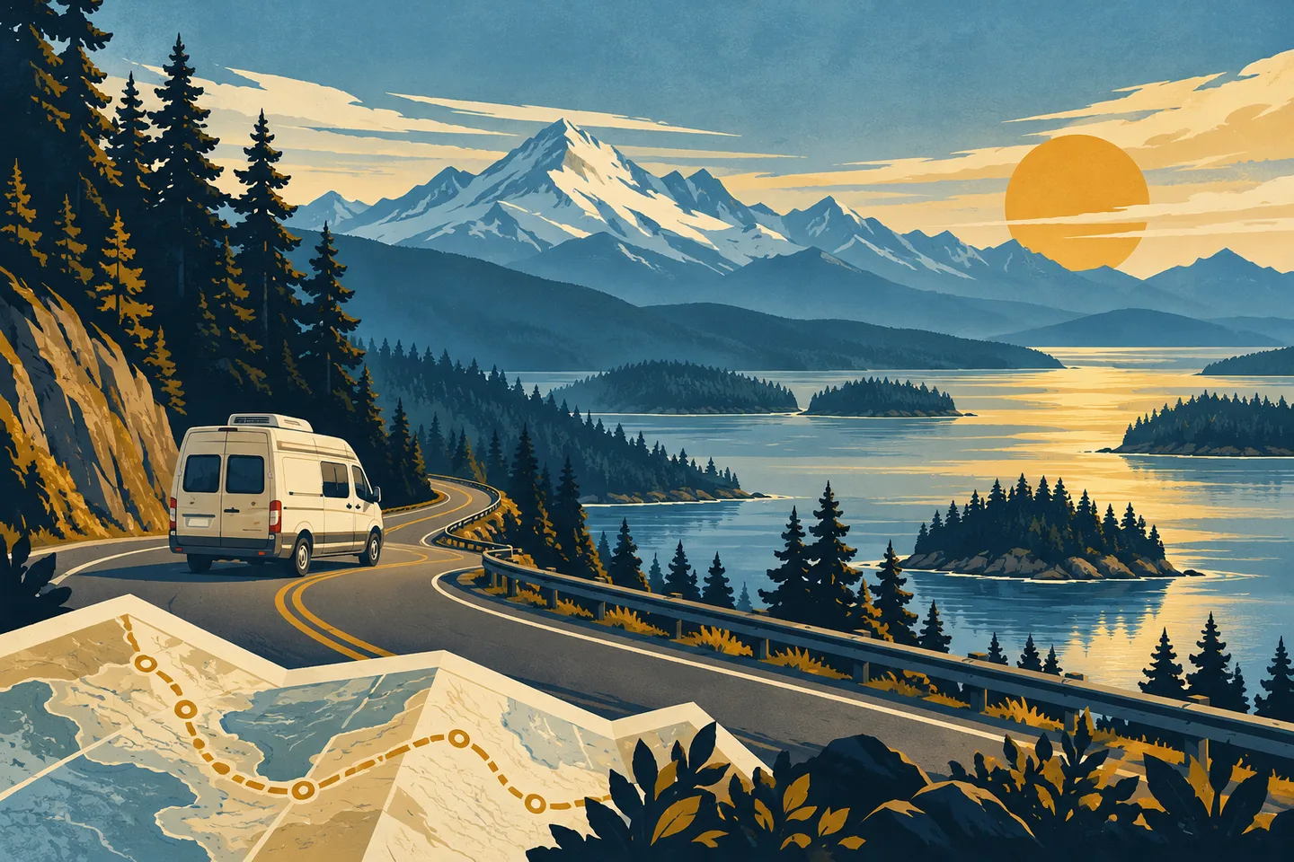 Illustration of a camper on a winding road through blue mountains